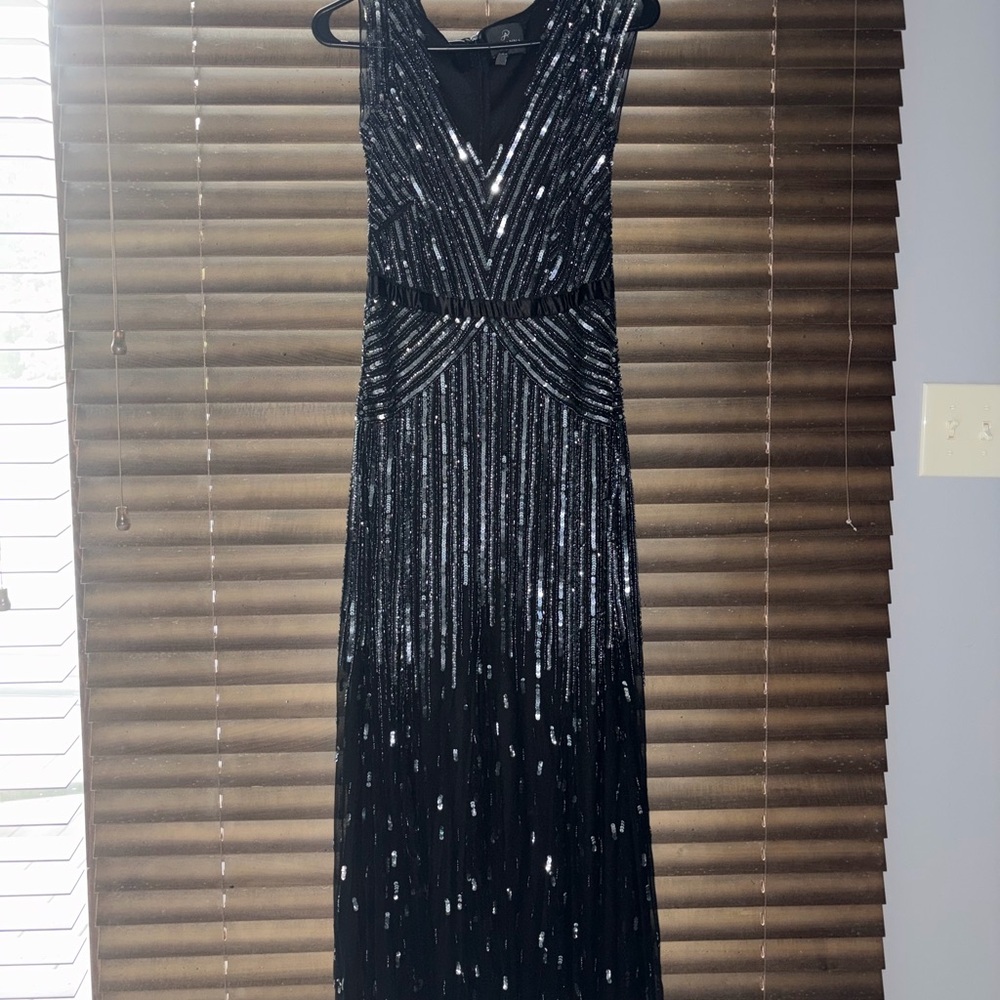 Adrianna Papell Black Sequin V-Neck Maxi Dress